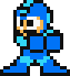 An 8-bit sprite of Mega Man animated to do a little dance