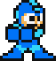 An 8-bit sprite of Mega Man animated to do a little dance